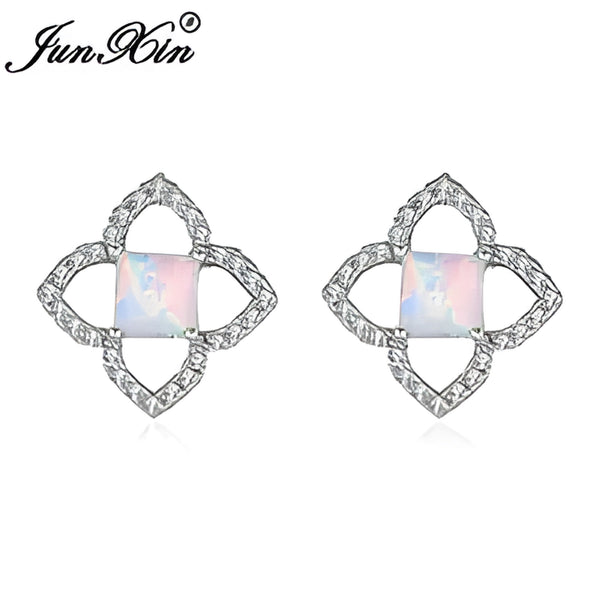 Silver-Tone Square White Simulated Opal Crystal Petal Stud Earrings