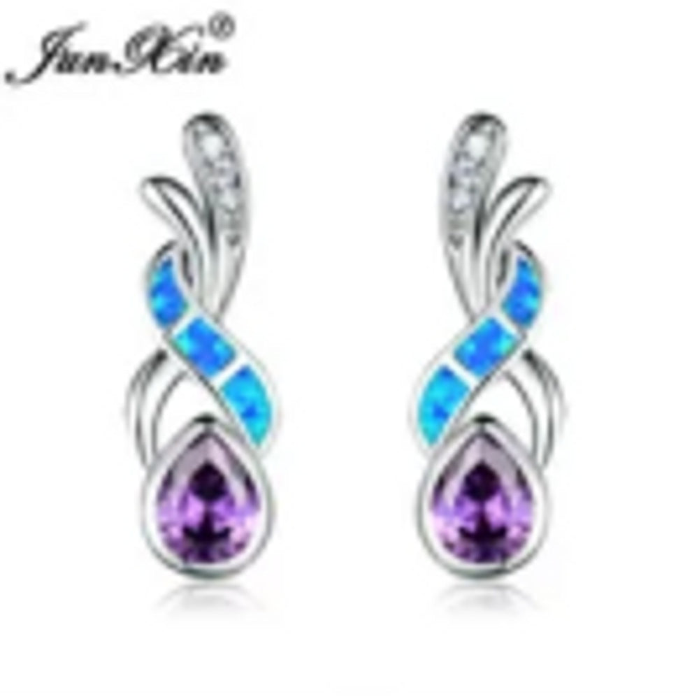 Silver-Tone Blue Teardrop Simulated Opal Stud Earrings