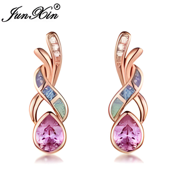 Rose Gold-Tone Simulated Opal Ribbon & Pink Teardrop Crystal Stud Earrings