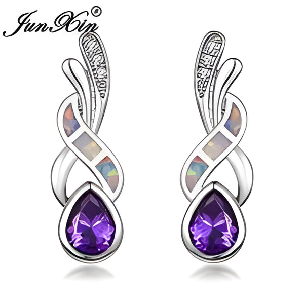 Silver-Tone White Simulated Opal Ribbon & Purple Teardrop Crystal Stud Earrings
