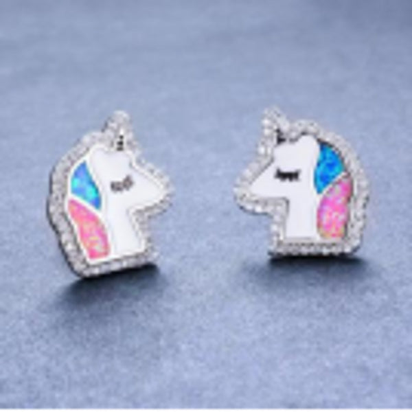 Silver-Tone Blue Simulated Opal Stud Earrings