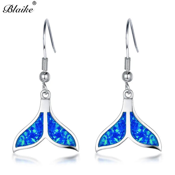 Silver-Tone Blue Simulated Opal Mermaid Tail Drop Earrings