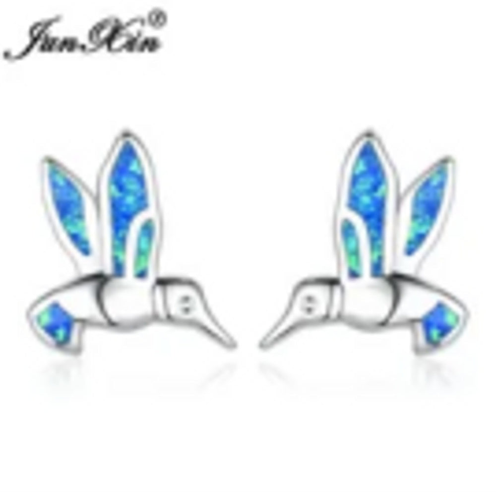 Sterling Silver Blue Simulated Opal Bird Stud Earrings