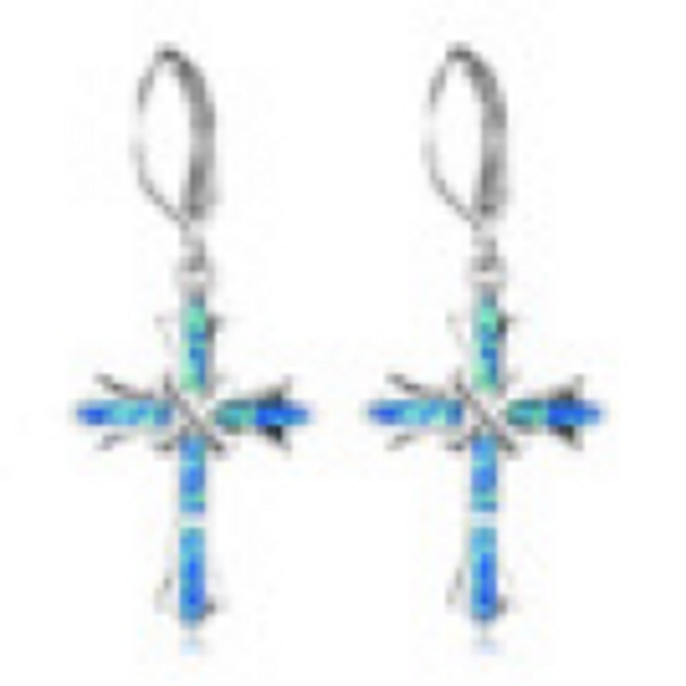 Sterling Silver Blue Simulated Opal Cross Drop Earrings
