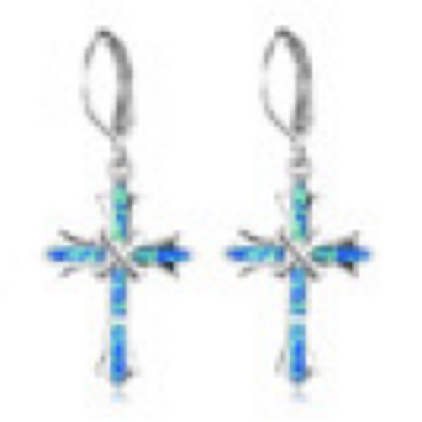 Sterling Silver Blue Simulated Opal Cross Drop Earrings