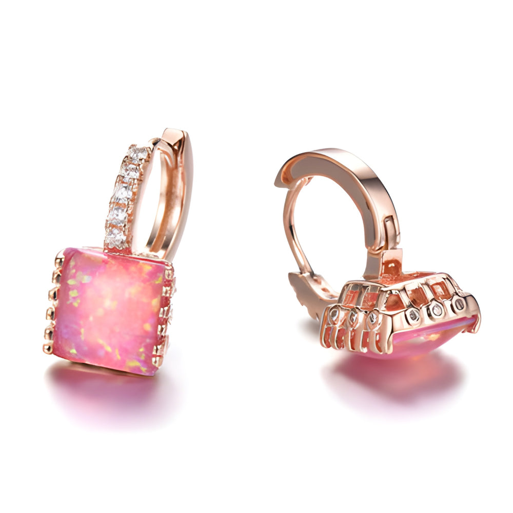 Rose Gold-Tone Pink Simulated Opal Square Crystal Huggie Hoop Earrings