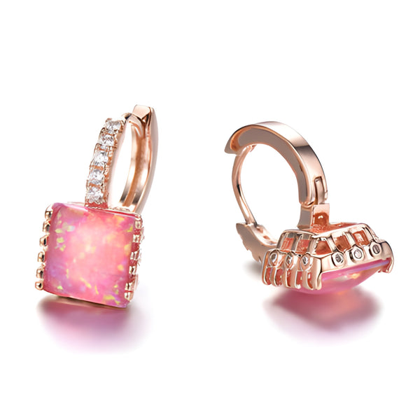 Rose Gold-Tone Pink Simulated Opal Square Crystal Huggie Hoop Earrings