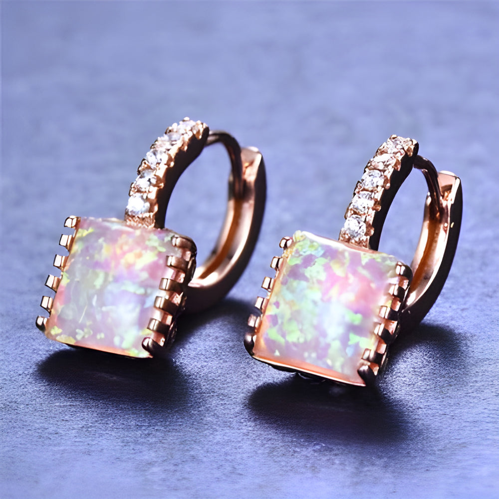 Rose Gold-Tone Square Simulated Opal & Crystal Huggie Hoop Earrings