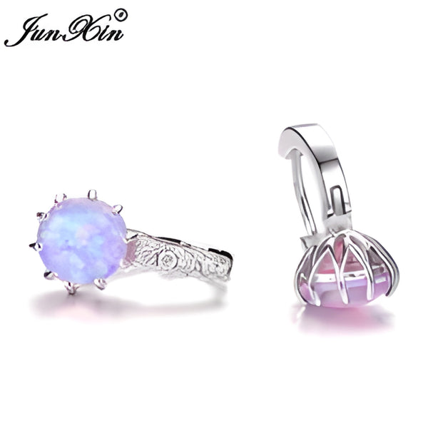 Silver-Tone Round Purple Simulated Opal Huggie Earrings With White Crystals