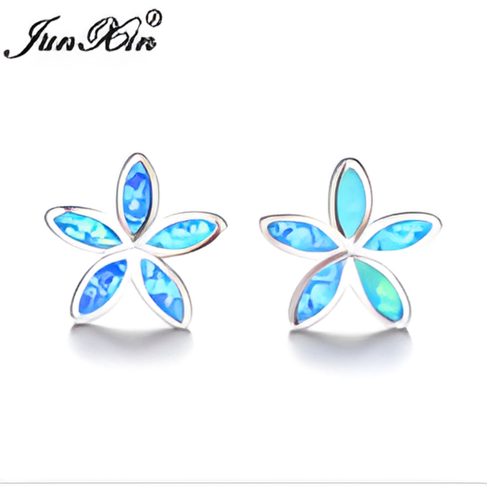 Silver-Tone Blue Simulated Opal Five-Petal Flower Stud Earrings