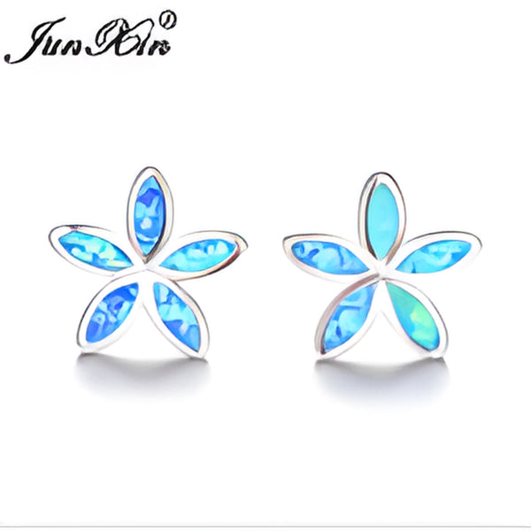 Silver-Tone Blue Simulated Opal Five-Petal Flower Stud Earrings