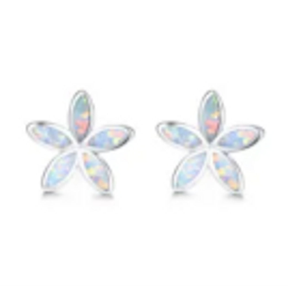 Sterling Silver White Simulated Opal Five-Petal Flower Stud Earrings