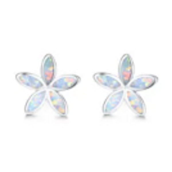 Sterling Silver White Simulated Opal Five-Petal Flower Stud Earrings