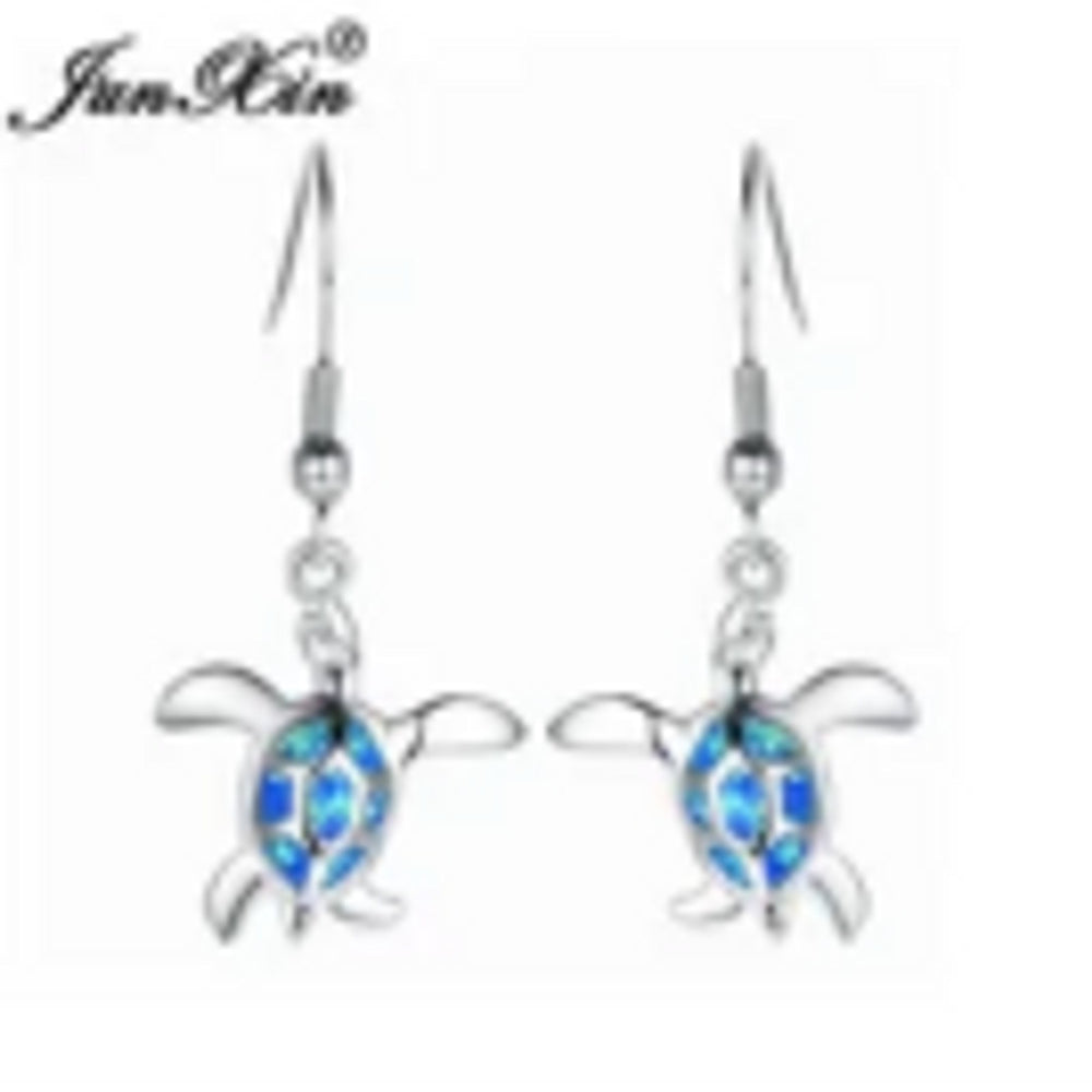 Sterling Silver Blue Simulated Opal Turtle Drop Earrings