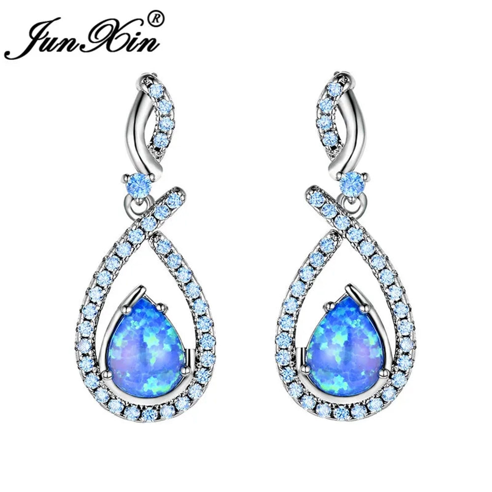 Sterling Silver Blue Teardrop Simulated Opal Drop Earrings