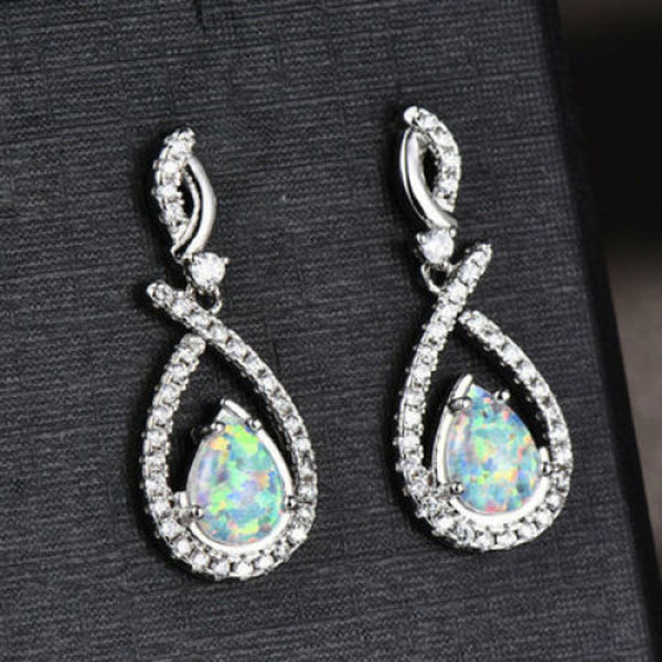 Sterling Silver White Teardrop Simulated Opal Drop Earrings