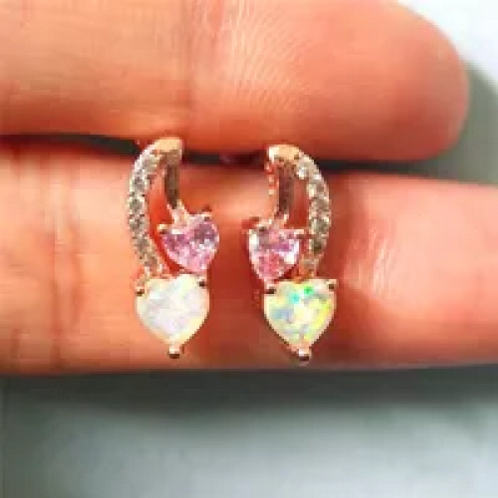 Rose Gold-Tone White Simulated Opal Heart Stud Earrings