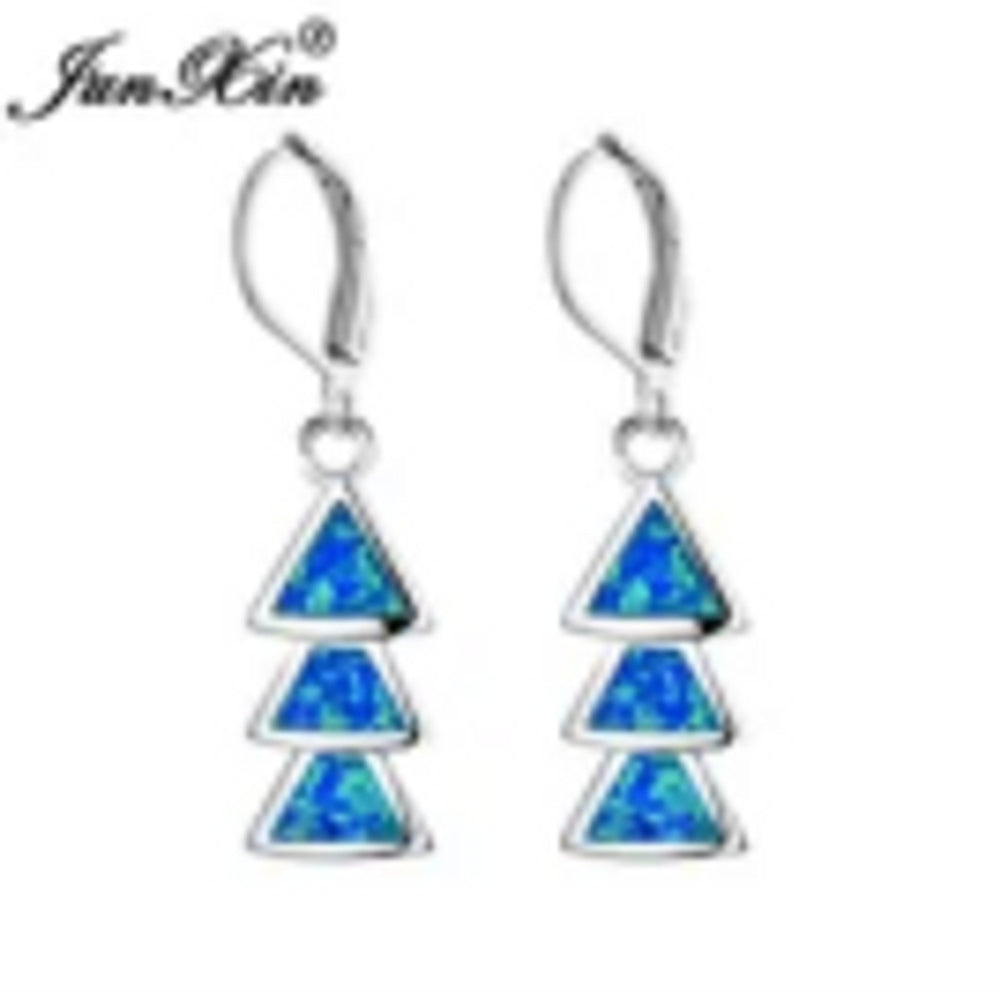 Sterling Silver Blue Triangle Simulated Opal Drop Earrings