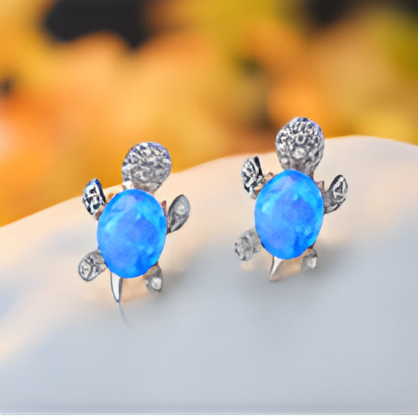 Silver-Tone Blue Simulated Opal Turtle Stud Earrings With Crystal Accents