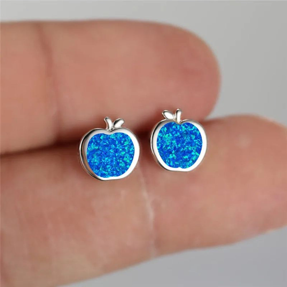 Silver-Tone Ocean Blue Simulated Opal Apple Stud Earrings