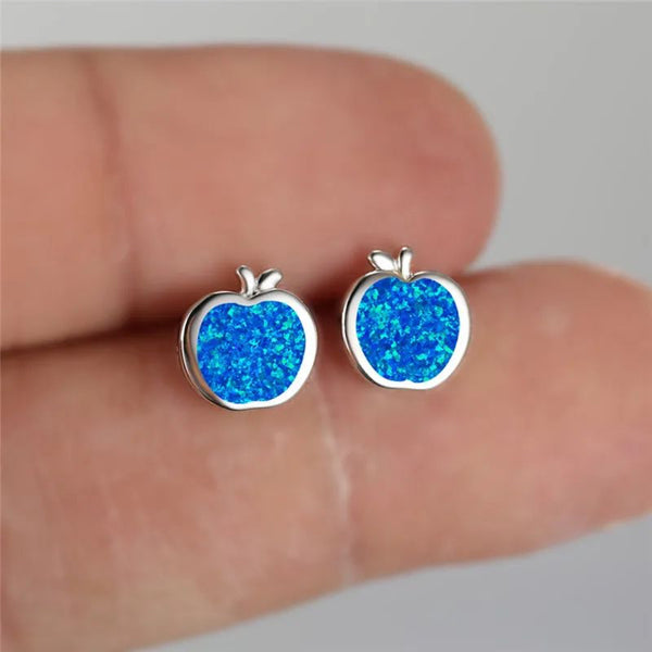 Silver-Tone Ocean Blue Simulated Opal Apple Stud Earrings