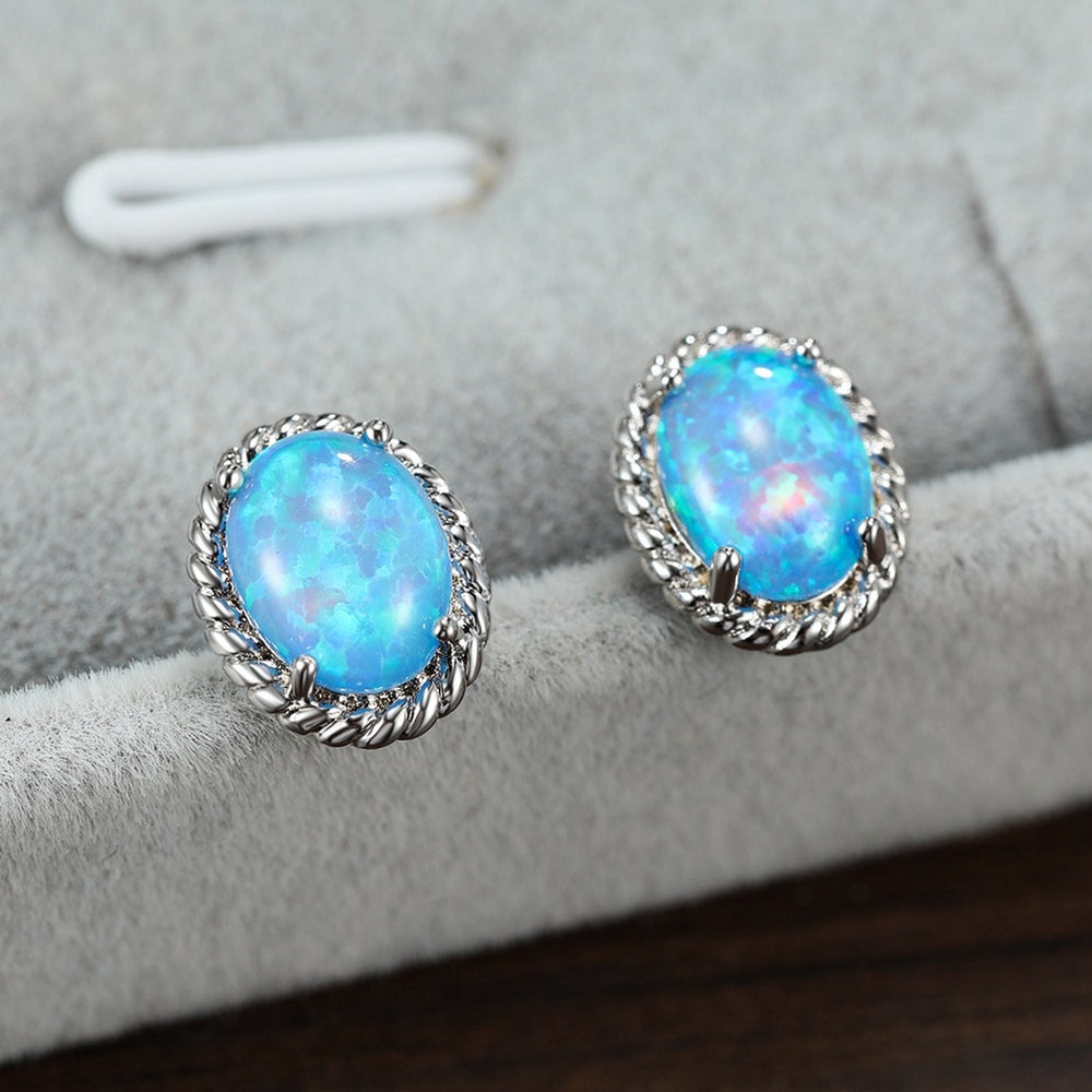 Silver-Tone Blue Oval Simulated Opal Twist Stud Earrings