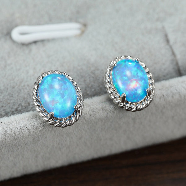 Silver-Tone Blue Oval Simulated Opal Twist Stud Earrings