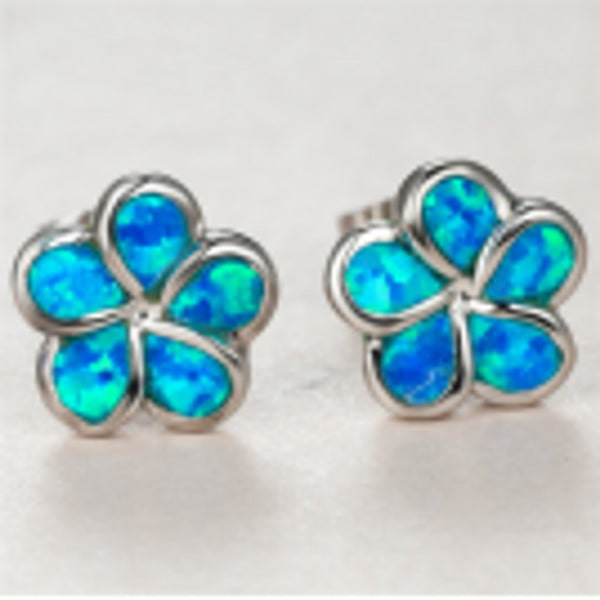 Silver-Tone Blue Simulated Opal Five-Petal Flower Stud Earrings