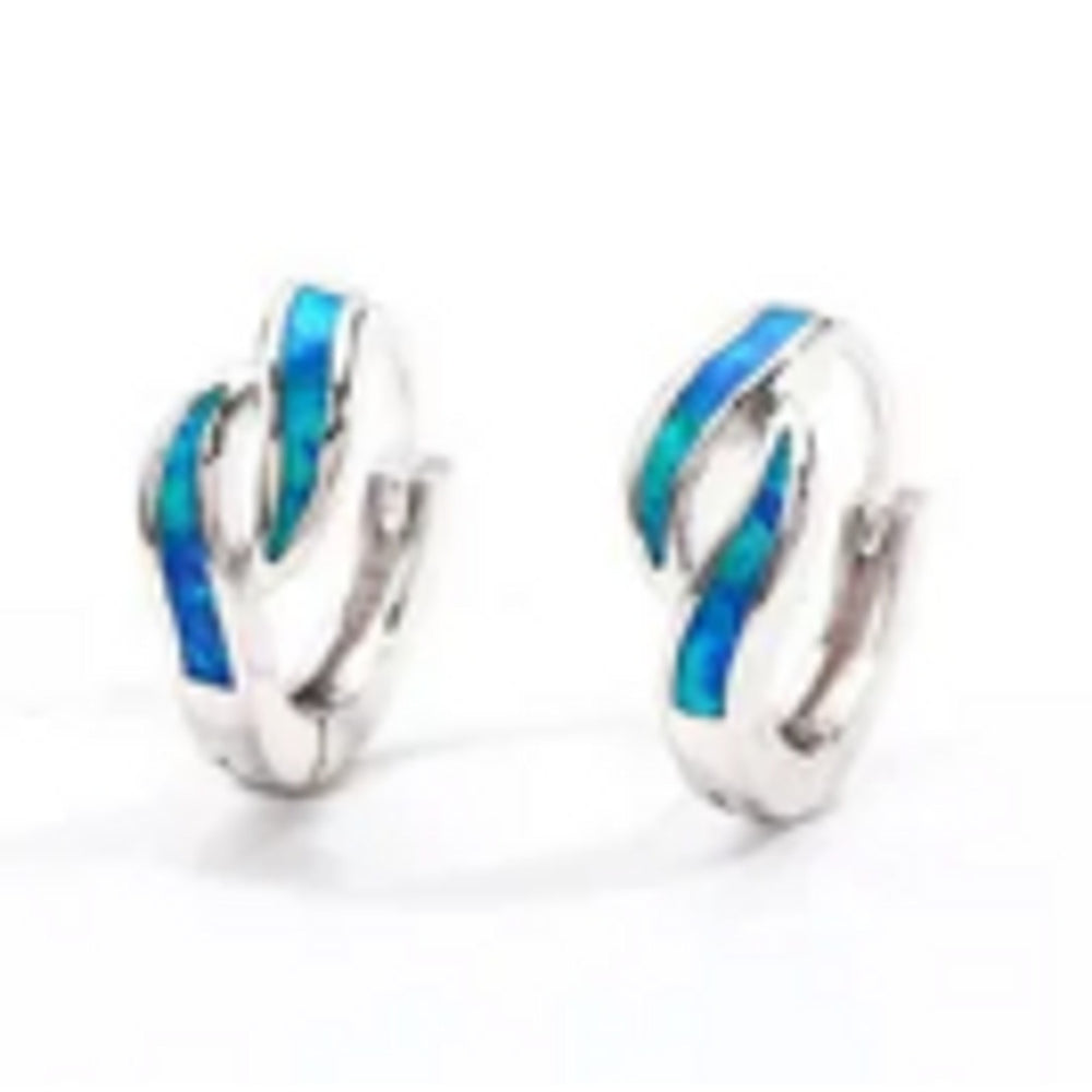 Silver-Tone Blue Simulated Opal Huggie Earrings