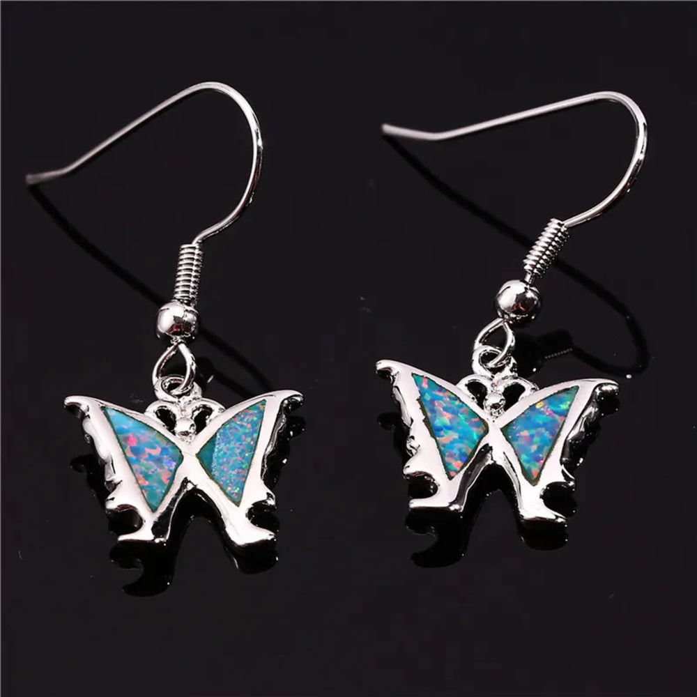 Silver-Tone Blue Simulated Opal Butterfly Dangle Drop Earrings