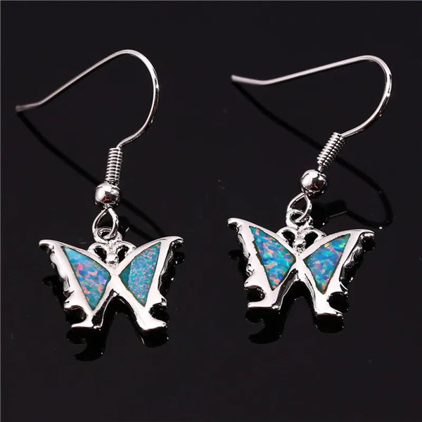 Silver-Tone Blue Simulated Opal Butterfly Dangle Drop Earrings
