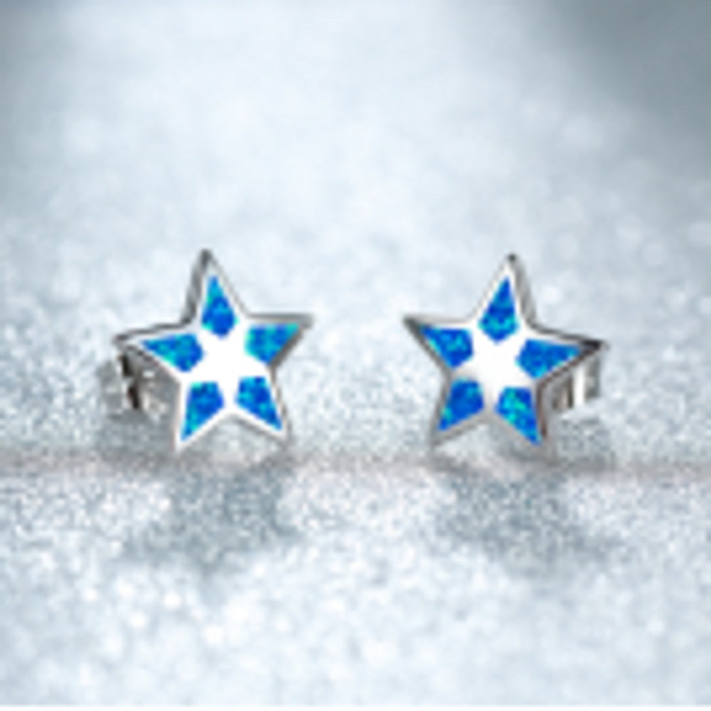 Silver-Tone Blue Simulated Opal Five-Point Star Stud Earrings