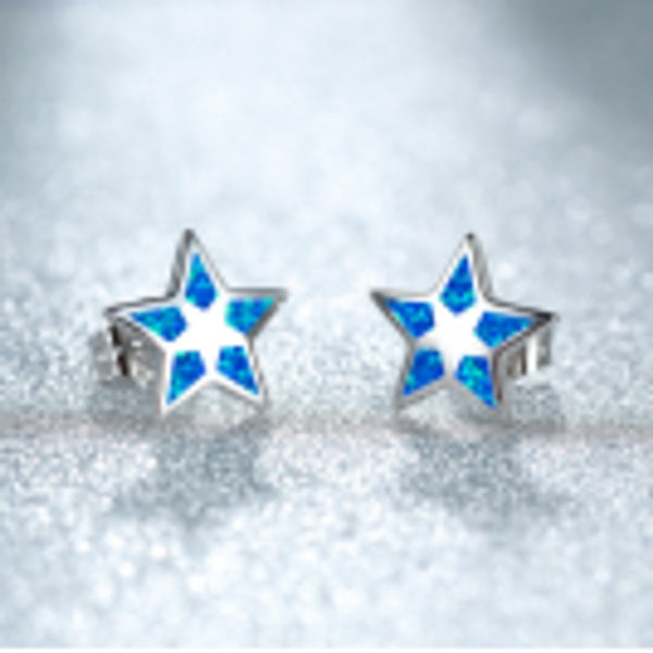 Silver-Tone Blue Simulated Opal Five-Point Star Stud Earrings