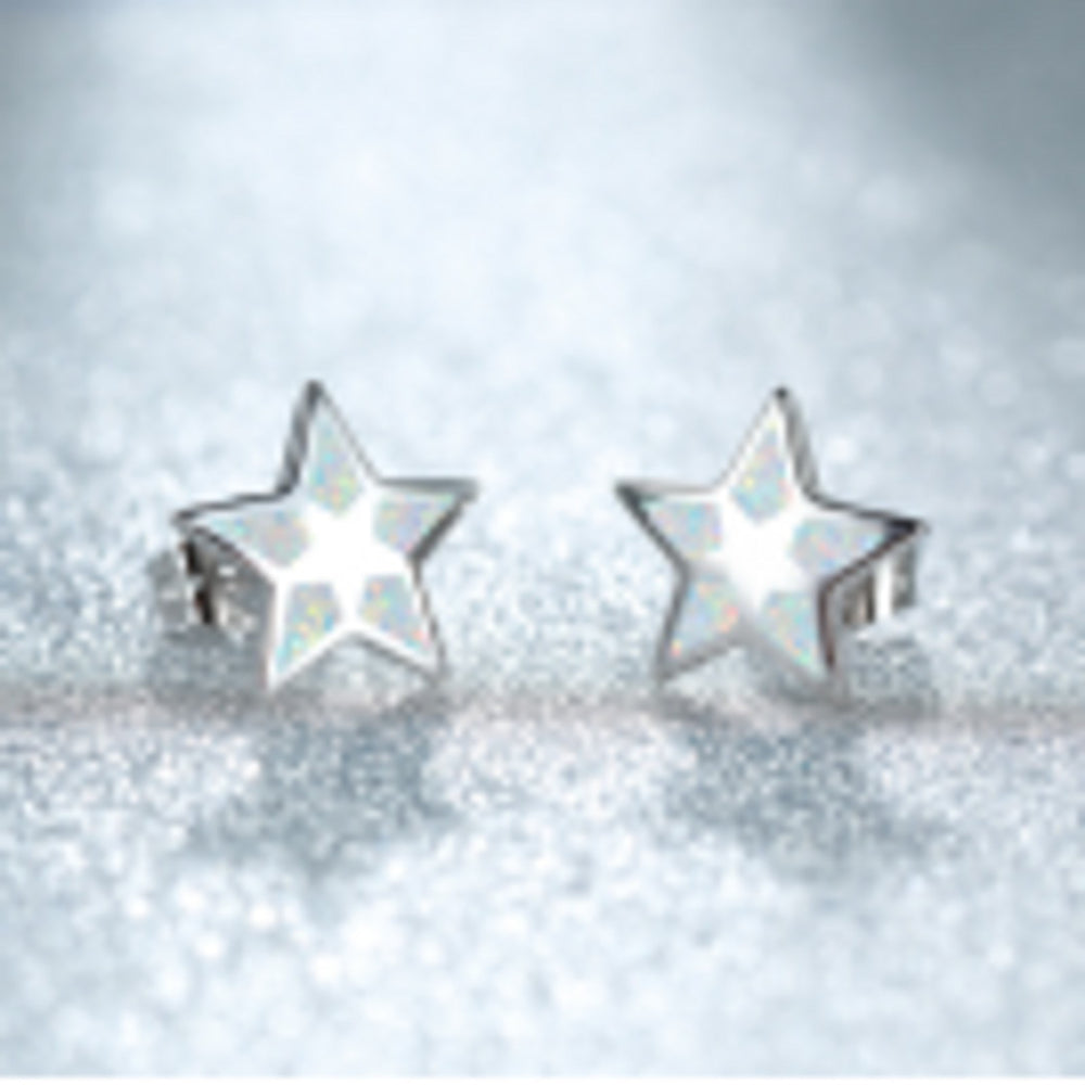 Silver-Tone White Simulated Opal Five-Point Star Stud Earrings