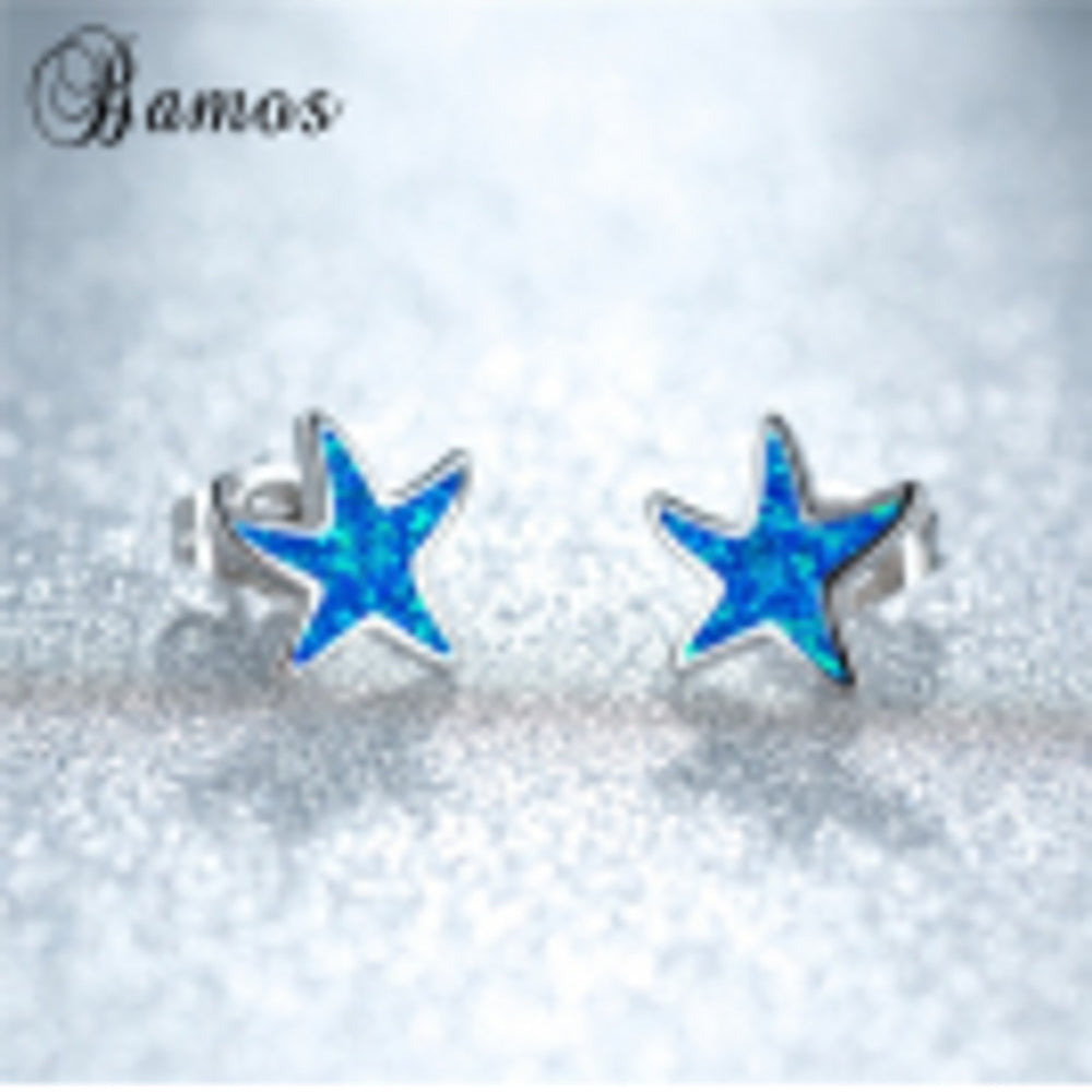 Silver-Tone Blue Simulated Opal Starfish Stud Earrings