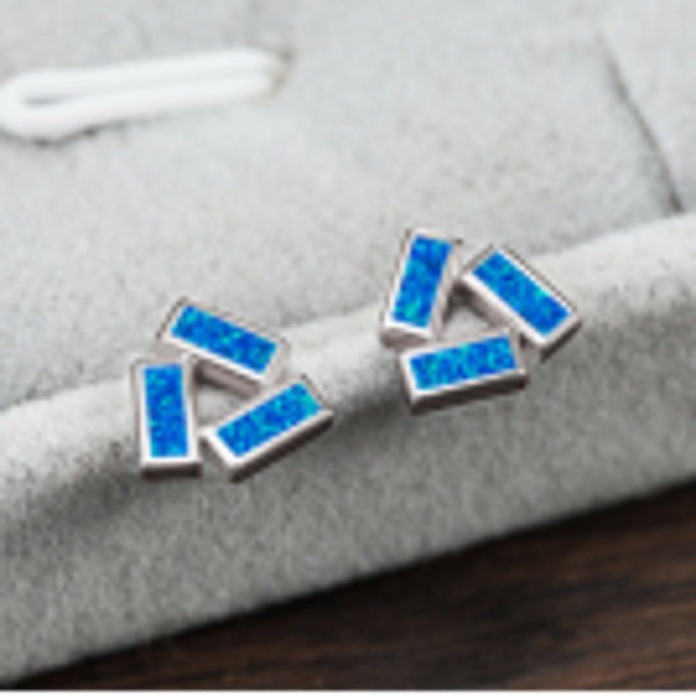 Silver-Tone Openwork Blue Triangle Simulated Opal Stud Earrings