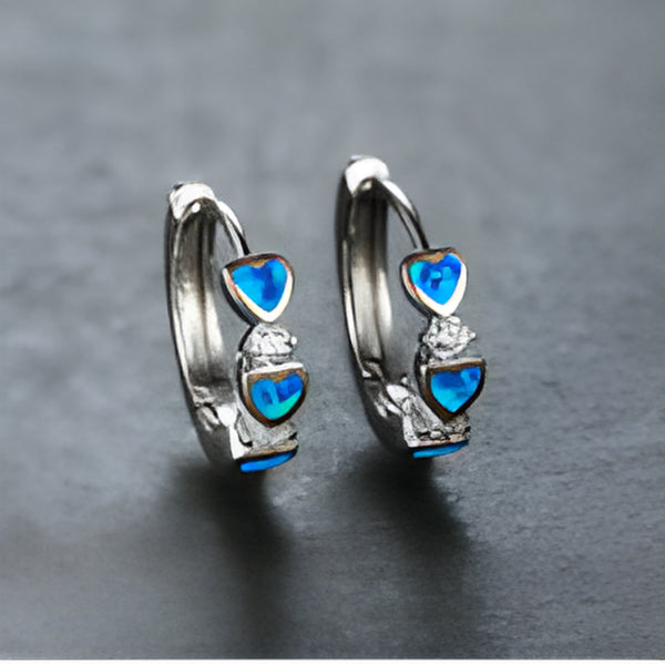 Silver-Tone Blue Simulated Opal Linked Hearts Huggie Hoop Earrings