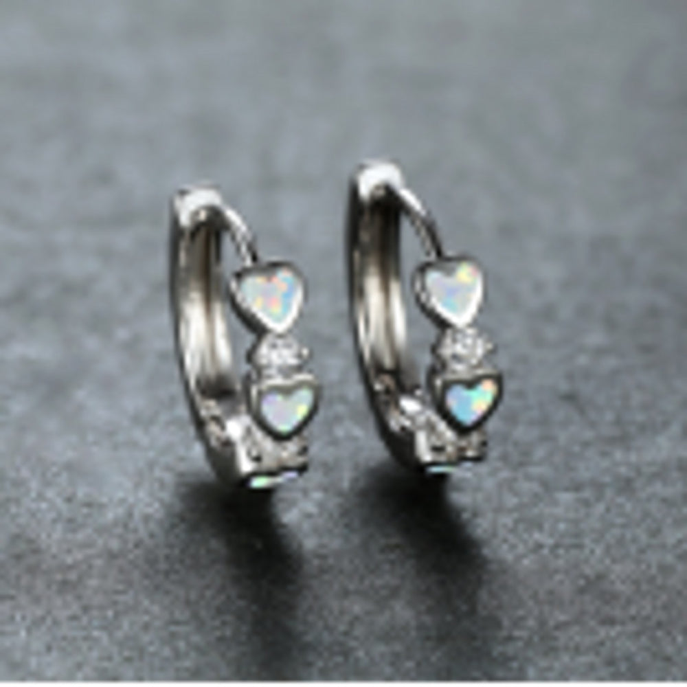 Silver-Tone White Simulated Opal Heart Huggie Earrings