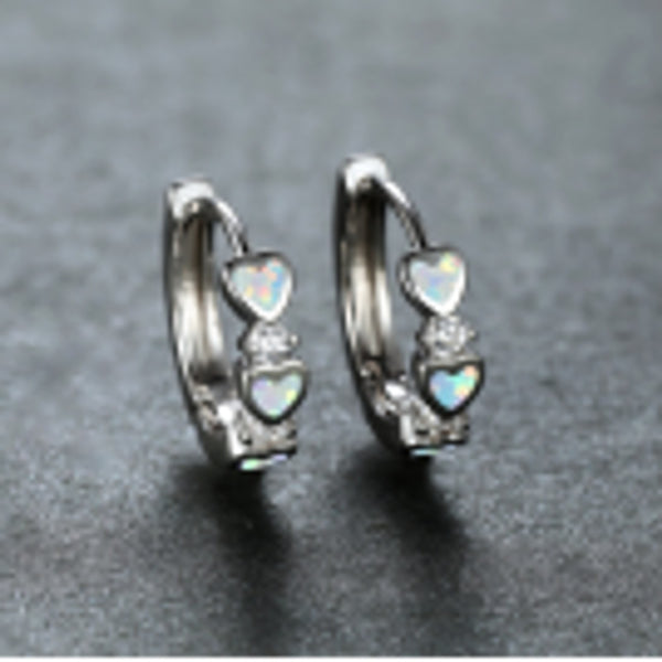Silver-Tone White Simulated Opal Heart Huggie Earrings