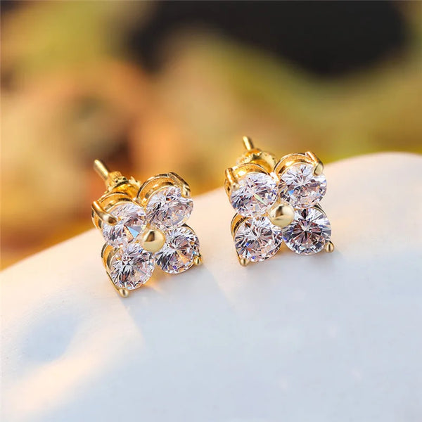 Gold-Tone White Crystal Four-Petal Clover Stud Earrings