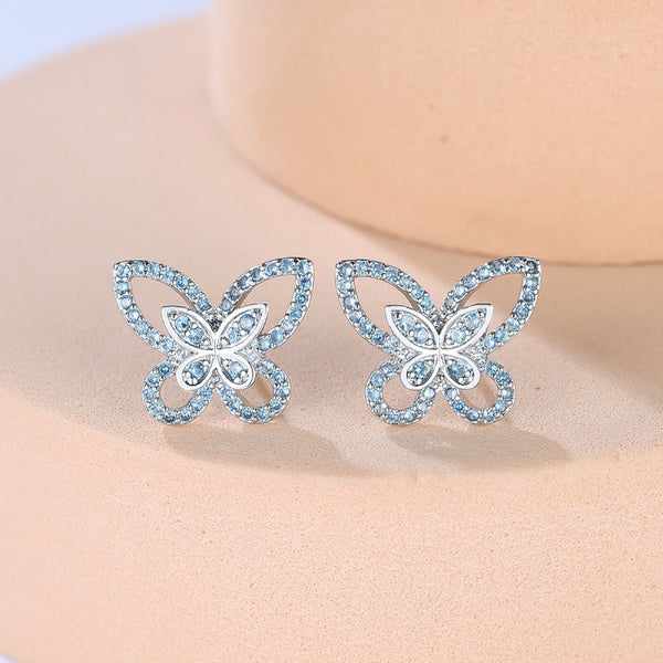 Silver-Tone Aqua-Blue Crystal Openwork Butterfly Stud Earrings
