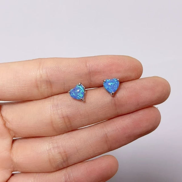 Silver-Tone Petite Blue Simulated Opal Heart Prong-Set Stud Earrings
