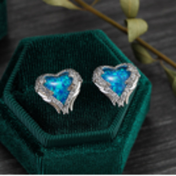 Silver-Tone Blue Simulated Opal Angel Stud Earrings