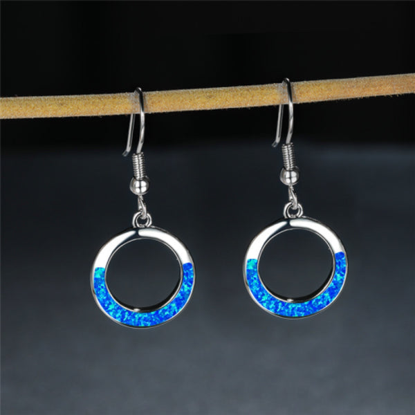 Silver-Tone Blue Simulated Opal Inlay Open Circle Dangle Earrings