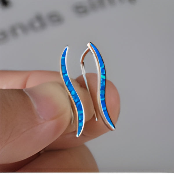 Silver-Tone Blue Simulated Opal Inlay Wavy S-Curve Climber Earrings