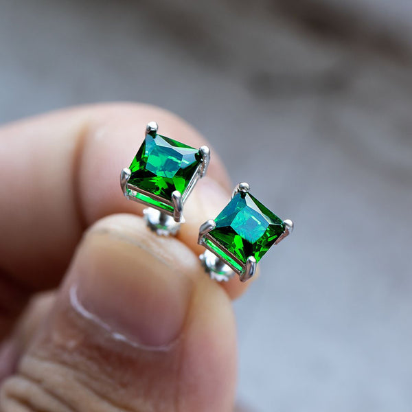 Silver-Tone Green Crystal Square Screw-Back Stud Earrings
