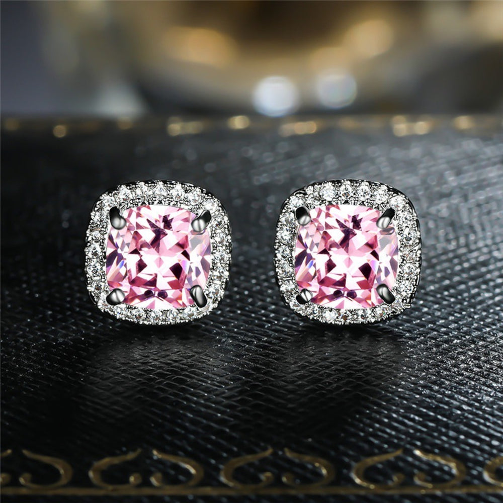 Silver-Tone Pink Cushion Crystal Halo Square Stud Earrings