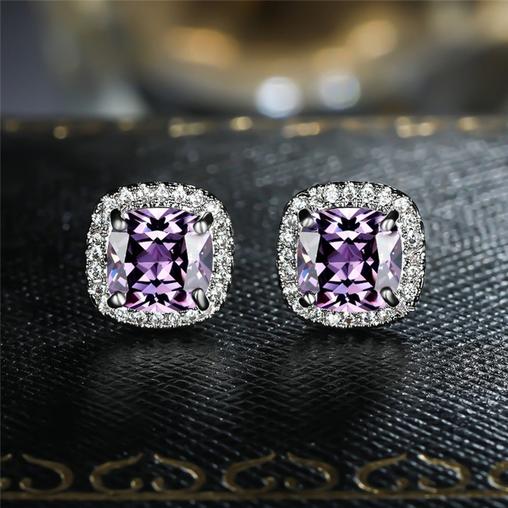 Silver-Tone Purple Cushion Crystal Halo Square Stud Earrings