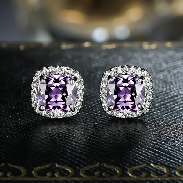 Silver-Tone Purple Cushion Crystal Halo Square Stud Earrings