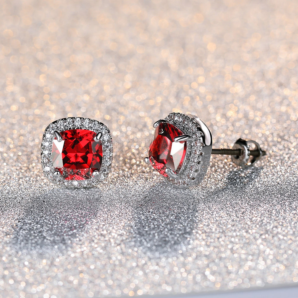 Silver-Tone Four-Prong Red Square Crystal Spiral Stud Earrings